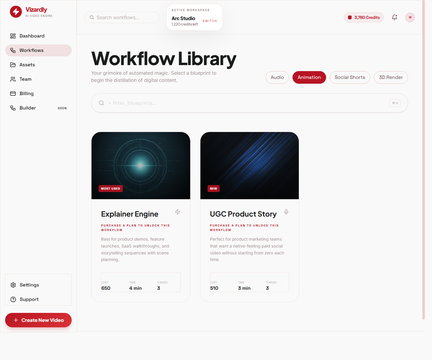 Vizardly workflows screen